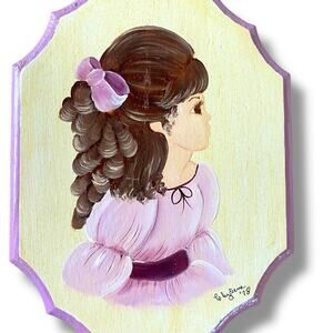 VTG 70s Wood Plaque Wall Art Hand Painted Brown Hair Girl Portrait Purple